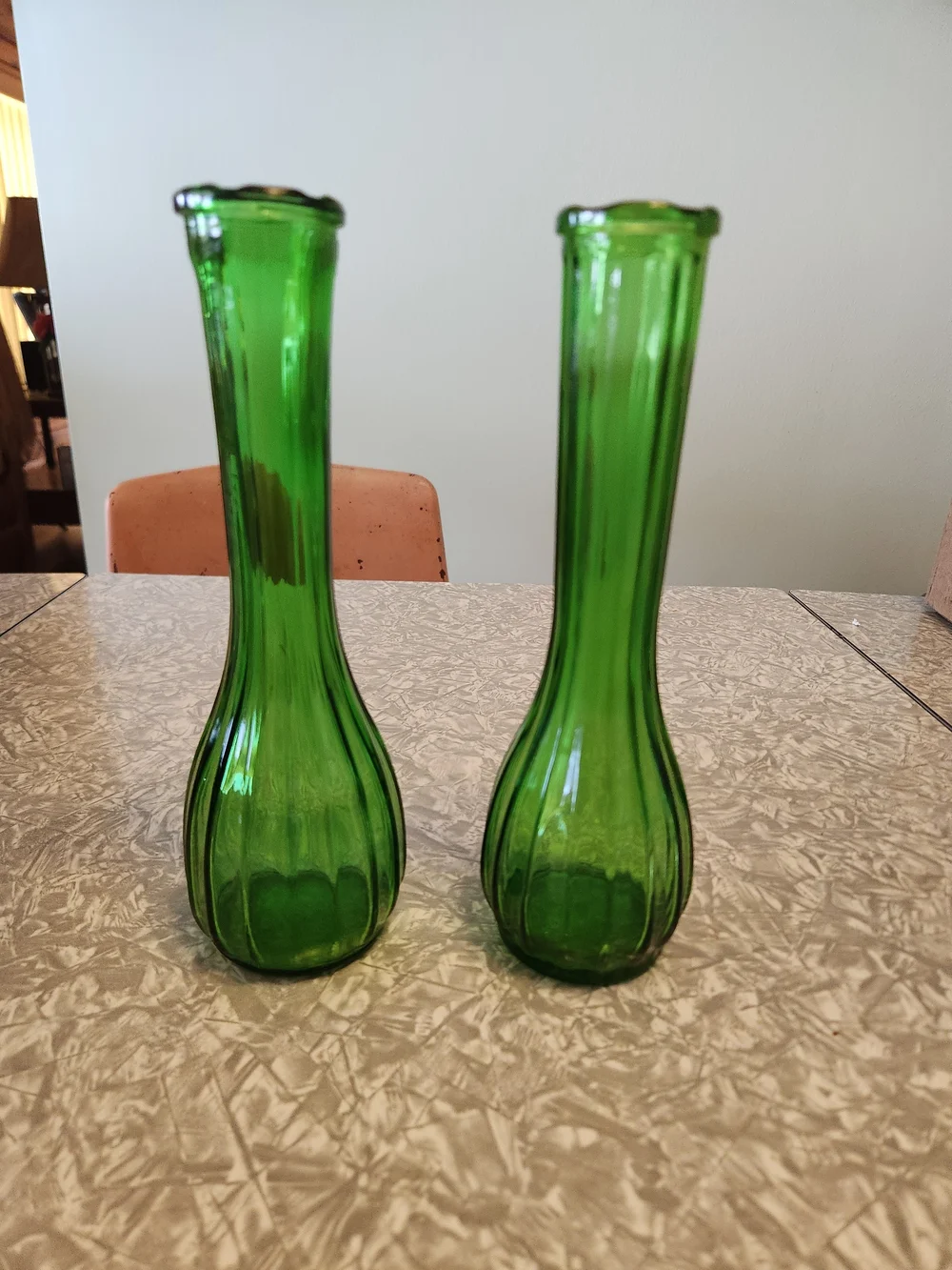 Source Unknown Emerald Green Ribbed Glass Bud Vases - Pair